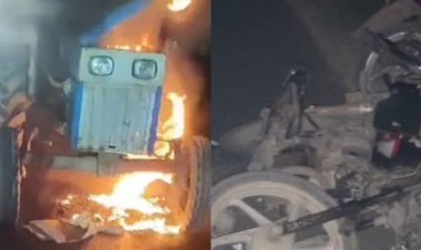 बाइक और ट्रैक्टर की टक्कर में लैब संचालक की मौत:गुस्साए लोगों ने ट्रैक्टर में लगाई आग, ड्राइवर के साथ की मारपीट