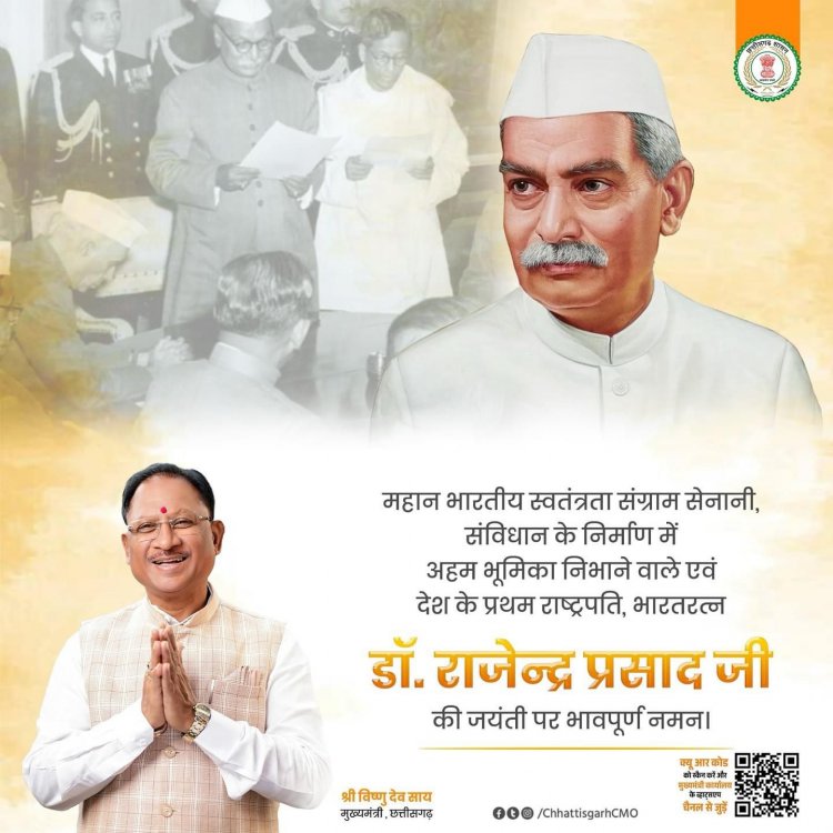 प्रथम राष्ट्रपति डॉ राजेन्द्र प्रसाद जी की जयंती पर मुख्यमंत्री श्री विष्णुदेव साय ने उन्हें नमन किया है।